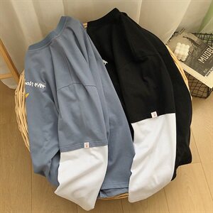 【】A003-HX1009-P40春装新款假两件休闲T恤 港风平铺图片