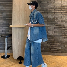 2025夏季新款无性别男女垫肩休闲牛仔衬衫套装TZ1013，男装衬衫，星座1108