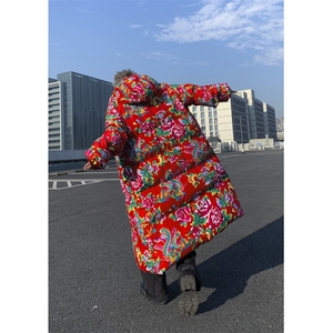 长款棉衣外套东北大花风汉服男女宽松保暖防寒连帽棉袄潮男图片