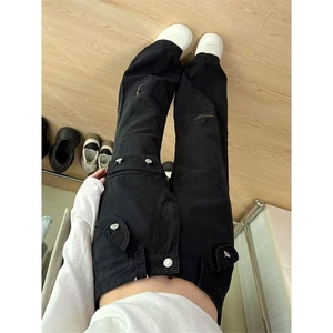 工装牛仔裤女夏季新款黑色多口袋高腰修身显瘦拖地长裤 N1756图片