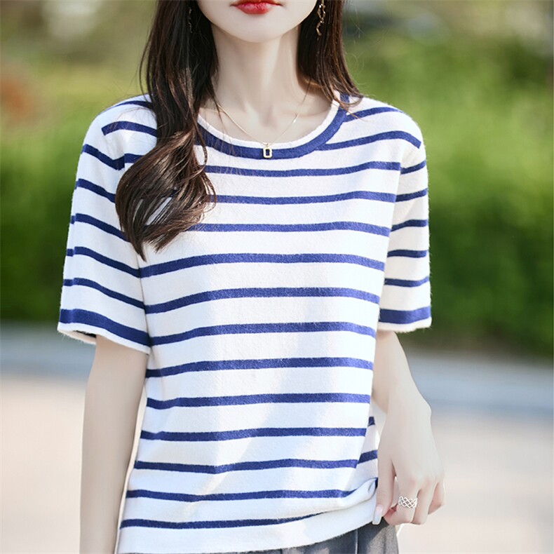 海魂风经典条纹撞色短袖T恤衫女夏简约针织天丝棉圆领显瘦上衣女,女装T恤,斯美雅安迪绒