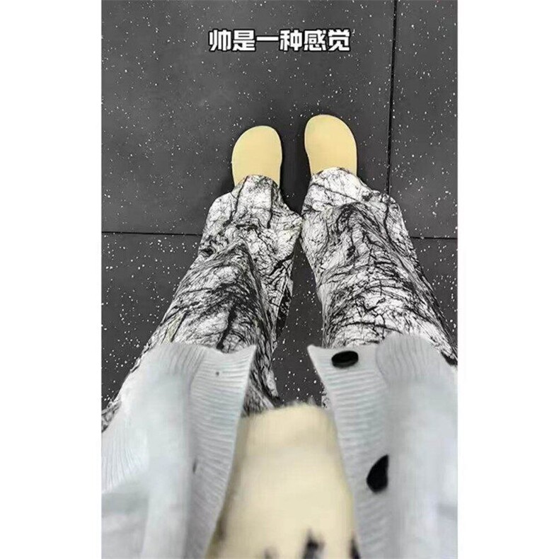 美式彩印泼墨油画阔腿牛仔裤休闲裤男涂鸦宽松弯刀直筒裤WN688图片