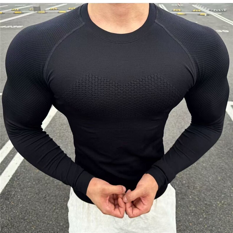 健身衣服弹力速干运动长袖无缝跑步打底衫紧身衣训练t恤CT52P35，男装T恤，电商D256