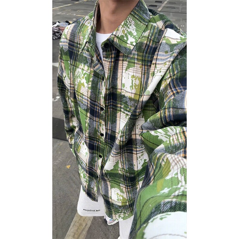 扎染长袖格子衬衫男女秋季高级感慵懒风格纹衬衣简约中性外套图片