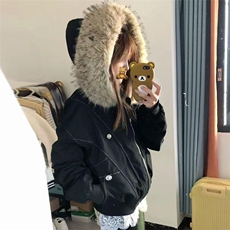 现货重磅boxy短款棉衣座山雕大毛毛领男女棉服水洗工装厚外套，男装棉衣，电商A486-1