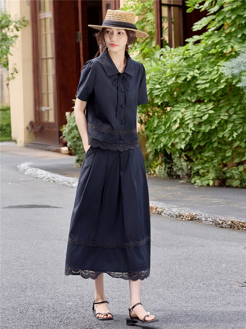 蕾丝拼接娃娃领系带上衣松紧腰半裙学院风套装女,女装套装/套裙,水衣源