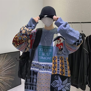 美式复古设计感ins拼接毛衣男潮牌情侣装宽松圆领小众针织衫外套图片