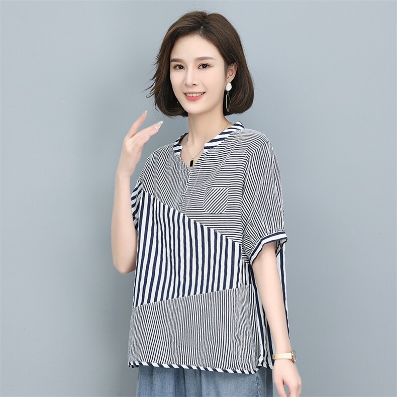 时尚条纹宽松短袖衬衫女夏季新款韩版百搭显瘦上衣休闲女装,女装衬衫,叶笙衣