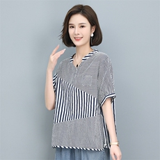 时尚条纹宽松短袖衬衫女夏季新款韩版百搭显瘦上衣休闲女装，女装衬衫，叶笙衣