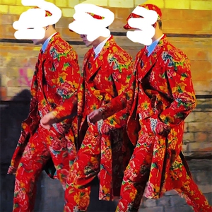 Y001长款男装东北大花风衣外套大码男女表演出团队服新中式喜庆潮
