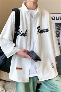 1港风发泡印花七分袖大码M-5XL中性情侣潮衬衫男QCS7010P45控69图片