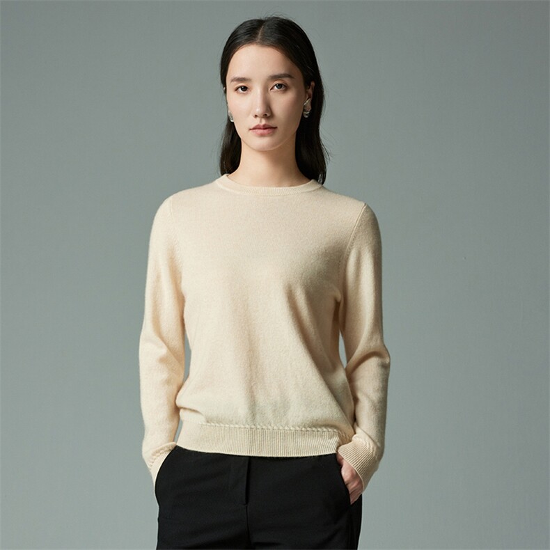 纯色圆领长袖35%羊绒衫女秋冬新品纯色简约基础百搭套头针织衫，女装羊绒衫，木淼羊绒