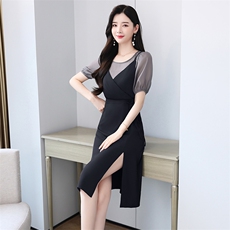 夏季连衣裙女2024年新款时尚百搭女神范中长款法式吊带假两件裙子，女装连衣裙，拾衣