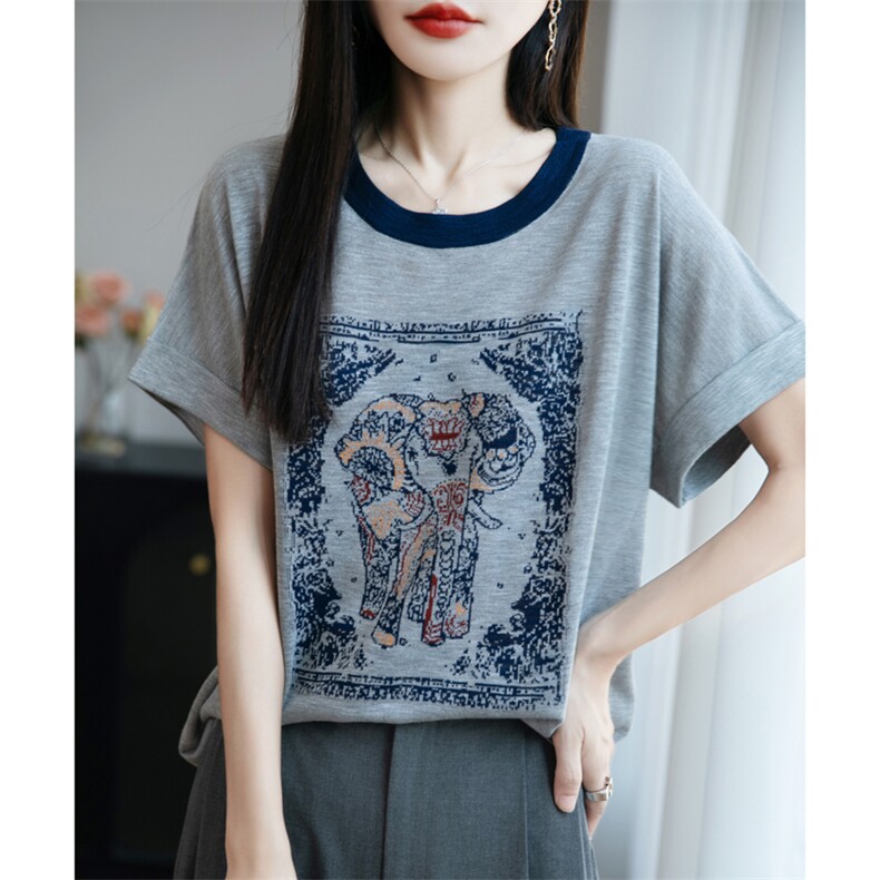 夏季新款竹节麻拼色圆领大象印染短袖百搭显瘦上衣时尚休闲T恤,女装T恤,贵皇网供仓