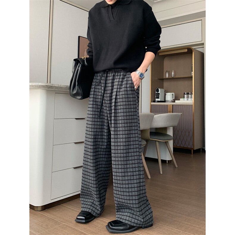 格子秋冬季休闲裤宽松直筒长裤韩系百搭阔腿裤-XZ061-网图，男装休闲裤，星座1002-2