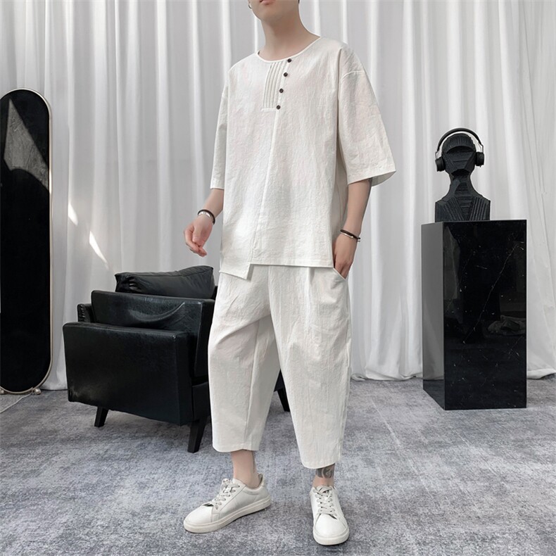 W859P85短句风扣子T恤套装棉麻风休闲百搭宽松学生七分,男装休闲套装,电商A026