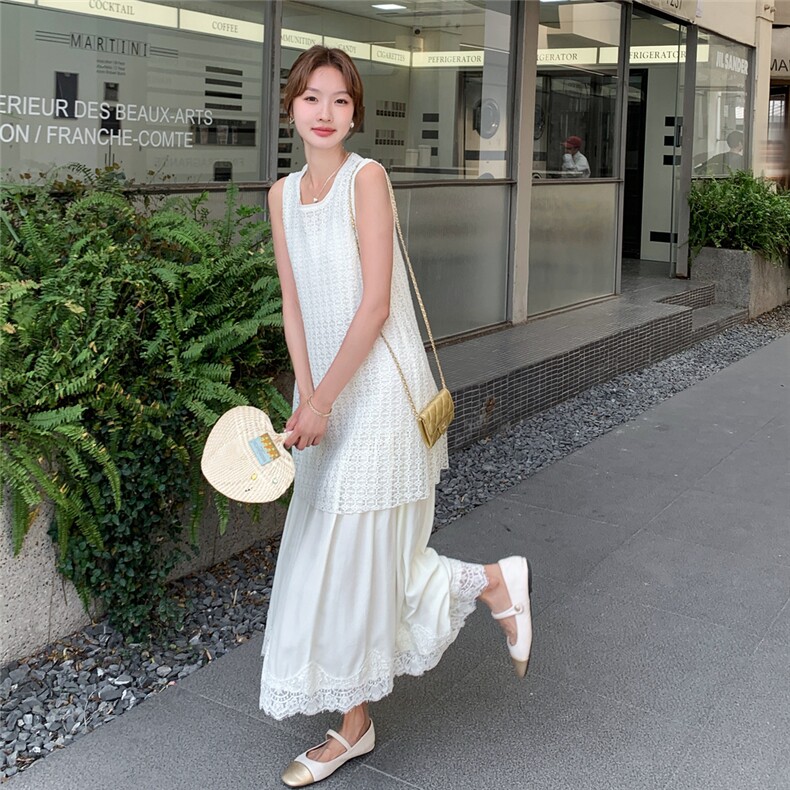 法式肌理感假两件连衣裙女2025夏季新款巨好看小个子收腰显瘦长裙,女装连衣裙,2C112