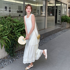 法式肌理感假两件连衣裙女2025夏季新款巨好看小个子收腰显瘦长裙，女装连衣裙，2C112