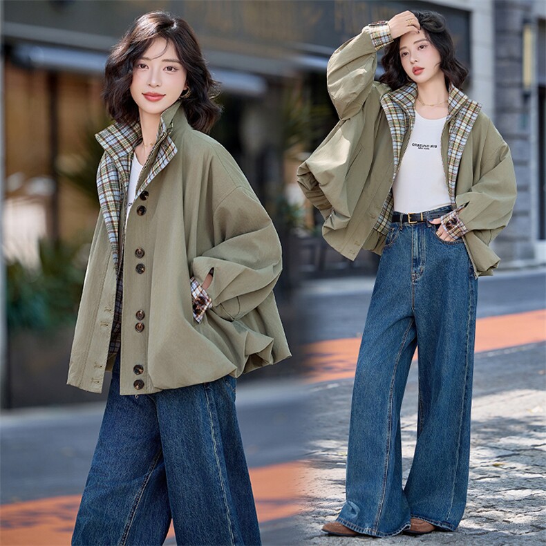 水衣源2796款灯笼外套女咸菜绿立领格子拼接洋气一手长风衣，女装风衣，水衣源