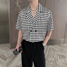 夏季潮男抖音高级感千鸟格网红短袖痞帅衬衫男CS295-P58控75，男装T恤，电商B267