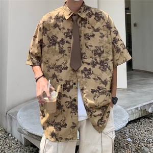 翻领潮牌宽松型慵懒时尚都市流行夏季碎花男短袖潮流日常衬衫图片