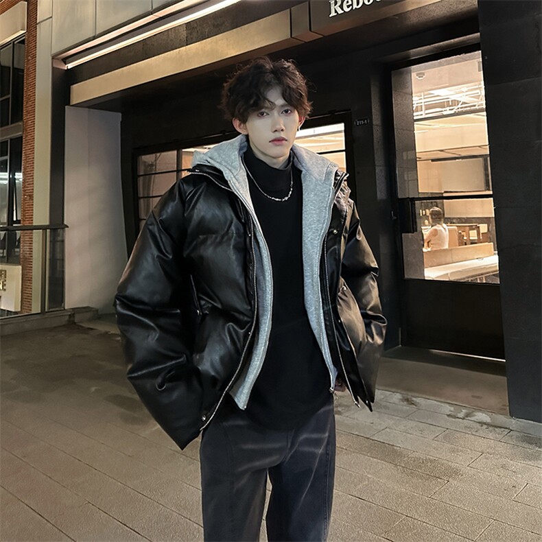 405A美式高街个性连帽设计假两件pu皮棉服MY24920-P158控188,男装棉衣,星座405A