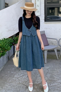 休闲牛仔连衣裙女2025夏季新款显瘦设计感假两件小个子复古A字裙图片