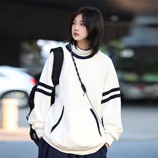 港风春款男女圆领套头卫衣条纹撞色宽松休闲外套WY033P45，女装短外套，星座1013-1