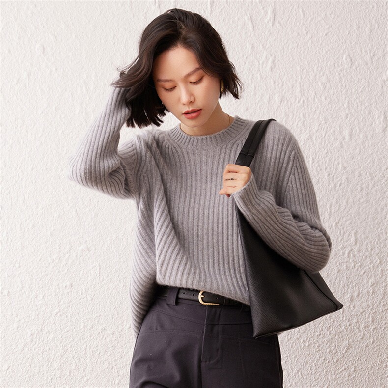 2024秋季新款纯色长袖坑条圆领慵懒风35%羊绒衫通勤百搭,女装羊绒衫,雪真羊绒高端店