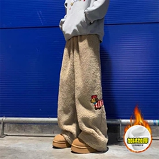 冬季美式刺绣羊羔毛棉裤男女情侣加绒加厚保暖宽松休闲阔腿长裤子，男装棉衣，电商A486