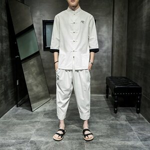 2021夏季新款中国风套装男大码唐装七分袖衬衫男休闲裤TZ073/P100图片