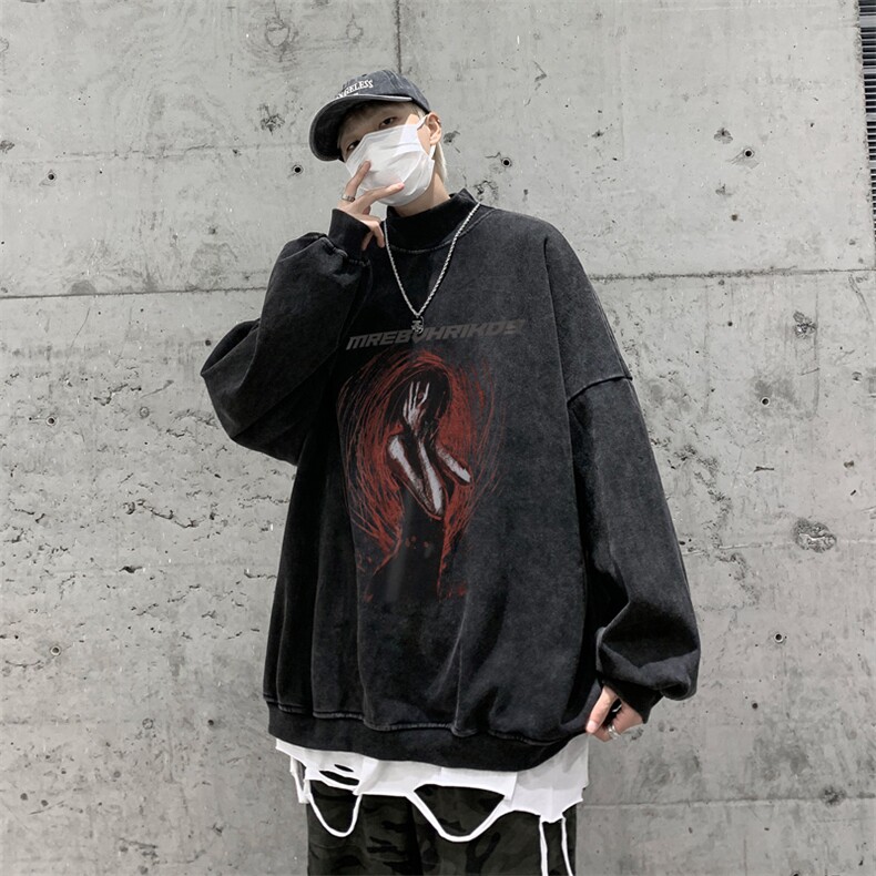 水洗做旧加绒加厚卫衣男23冬高领人物印花打底衫XZ514-2-X57-P78,男装T恤,星座514-2(原B239)