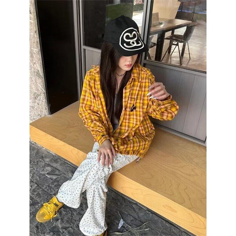 2024美式复古多巴胺黄色格子衬衫男女高街衬衣开衫长袖外套上衣,男装衬衫,星座506A