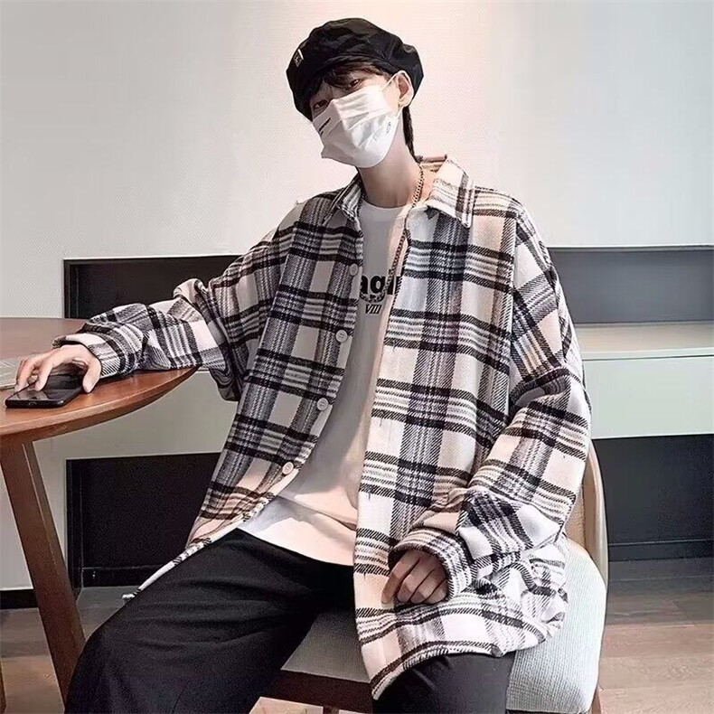 春秋季格子长袖衬衫男港风宽松衬衣SNC87-P35图片