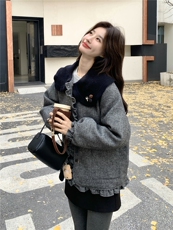 韩版学院风娃娃领毛呢白鸭绒外套女短款灰色气质减龄小个子羽绒服，女装羽绒服，艾米莉亚