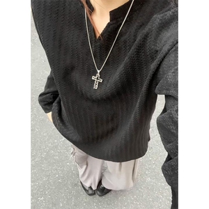 美式高街千鸟格子长袖T恤男女亨利V领英伦雅痞休闲宽松长袖打底衫图片