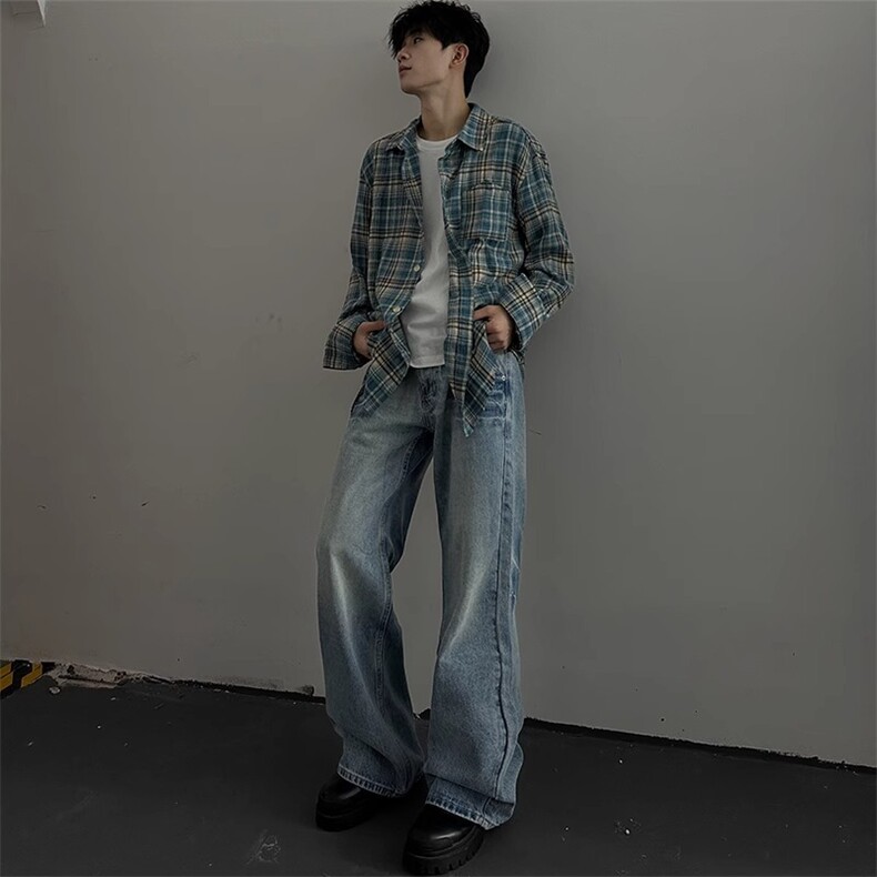 洗蓝色直筒牛仔裤男宽松阔腿美式高街潮牌cleanfit裤子ND780,男装牛仔裤,星座208-5