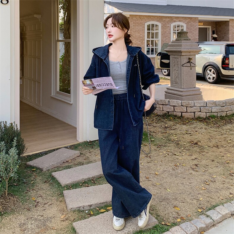 连帽牛仔外套阔腿裤两件套女春2025今年流行漂亮韩系宽松显瘦套装,女装套装/套裙,2C051