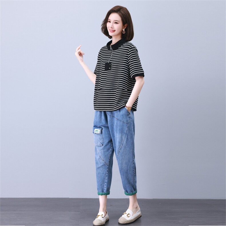 夏季T恤套装女2024年新款中年妈妈宽松时尚短袖休闲牛仔裤两件套,女装套装/套裙,叶笙衣