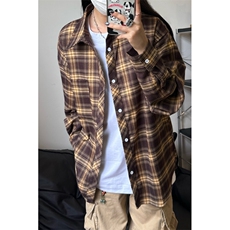 藏青色格子衬衫美式复古高级感长袖衬衣男生ootd穿搭春秋休闲外套，男装衬衫，电商A003
