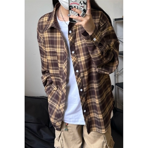 藏青色格子衬衫美式复古高级感长袖衬衣男生ootd穿搭春秋休闲外套图片