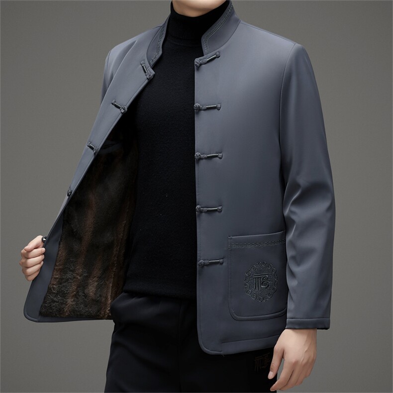 爷爷唐装男士盘扣外套中老年加绒加厚结婚礼服爸爸风红色套装图片