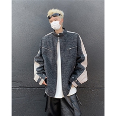 美式复古机车磨砂拼皮潮牌立领棒球服飞行皮衣夹克外套JK8553-P75，男装夹克，星座1001-1