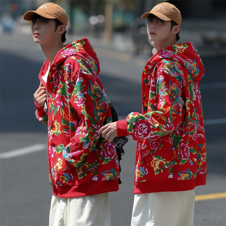 A203秋冬加绒加厚保暖连帽开衫卫衣东北大花风民族特色大码潮图片