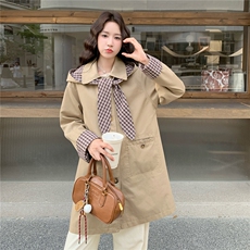 格纹拼接卡其色风衣女中长款秋季今年流行韩系巨好看小个子大衣，女装风衣，2C306