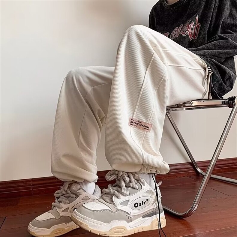 华夫格裤子男春秋款休闲百搭卫裤美式复古青少年抽绳运动裤潮图片