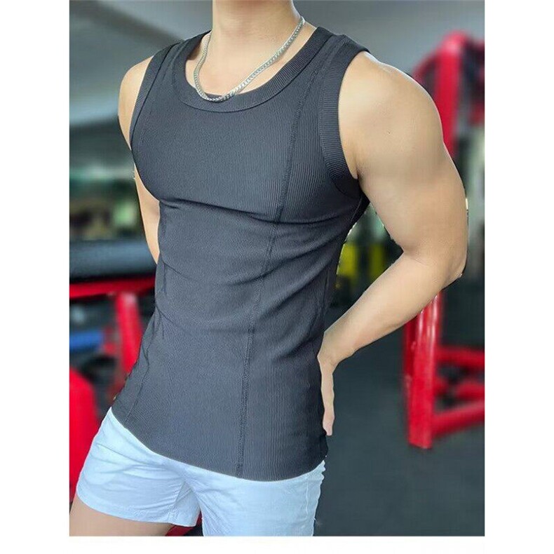 灰色粗螺纹坎肩背心男款收腰修身显肌肉无袖T恤美式健身运动汗衫,男装背心/马甲,星座807-3
