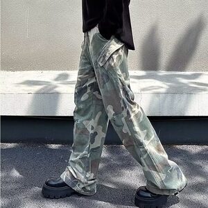 美式迷彩工装裤男修身直筒hiphop裤子男高街vibe微喇叭裤图片