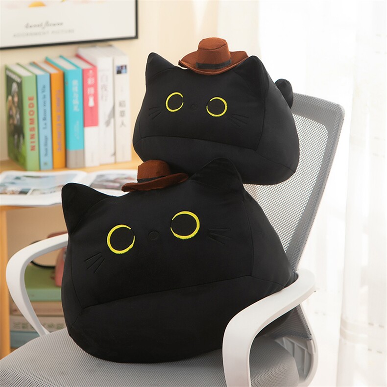黑猫咪西部猫仔棕色礼帽弹力绒睡觉抱枕，亿天玩具厂
