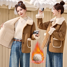 仿羊羔绒翻领绒里明袋皮毛一体加绒加厚外套2671P170，女装棉衣/棉服，乐衣轩